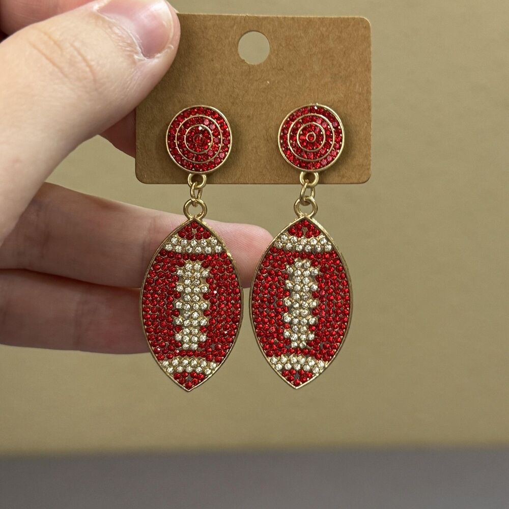 Red Rhinestone Football Dangle Drop Earrings 2.5 In Womens Game Day Jewelry